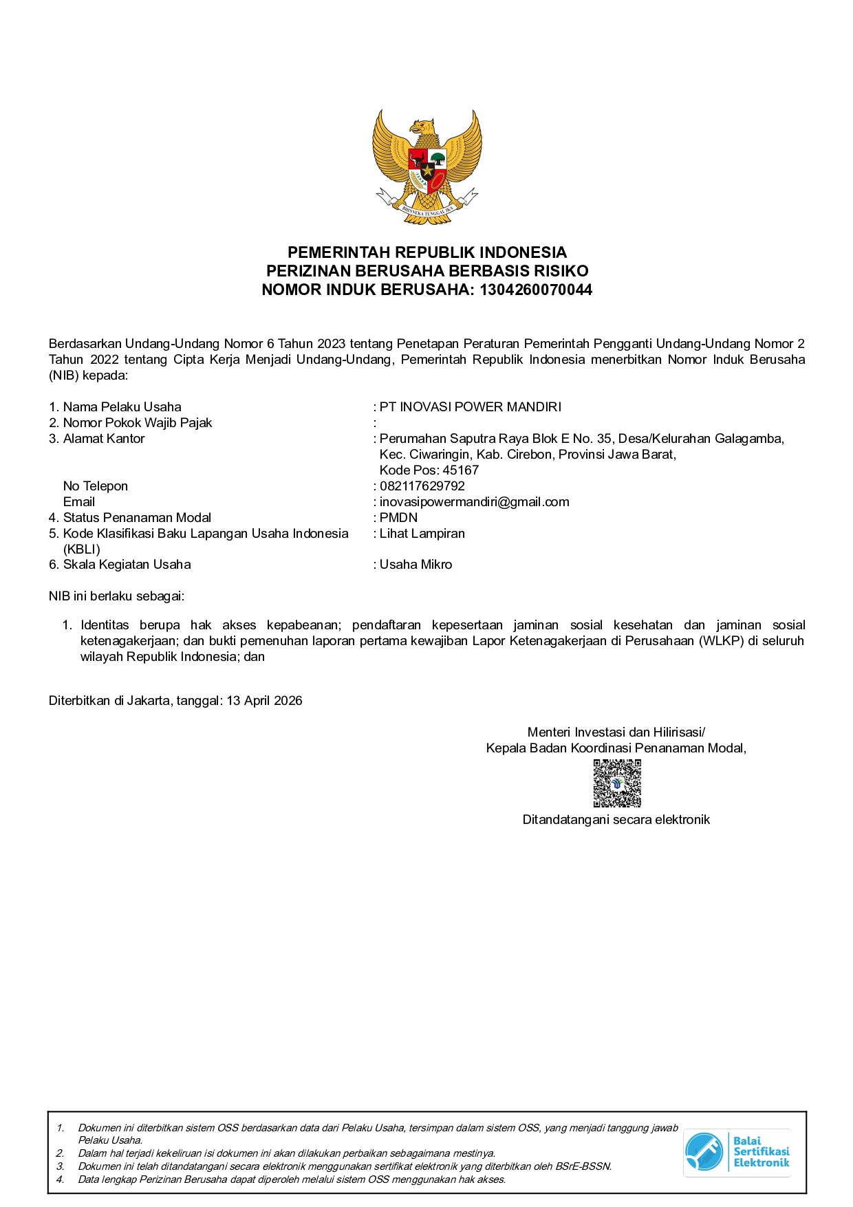 NIB PT. Inovasi Power Mandiri page 0001 - PT Inovasi Power Mandiri