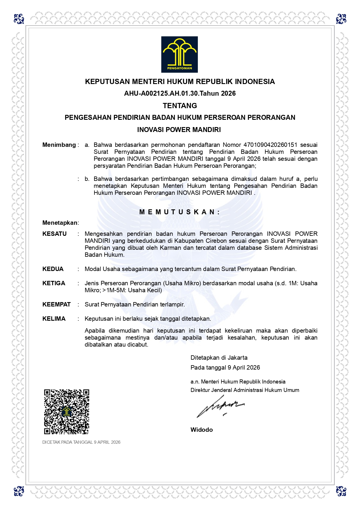Sertifikat Pendirian PT. IPM page 0001 - PT Inovasi Power Mandiri