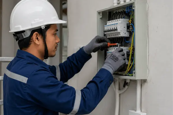 teknisi melakukan instalasi listrik gedung di Cirebon